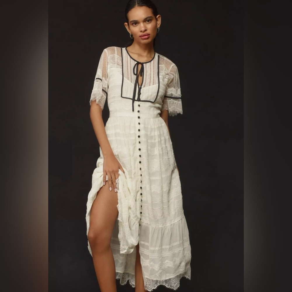 Anthropologie Short-Sleeve Button-Front Lace Midi Dress - Picture 3 of 9